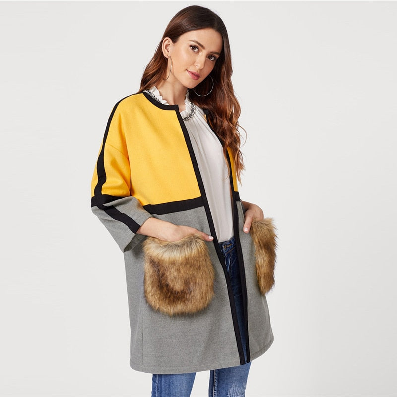 Contrast Long Faux Fur Coat