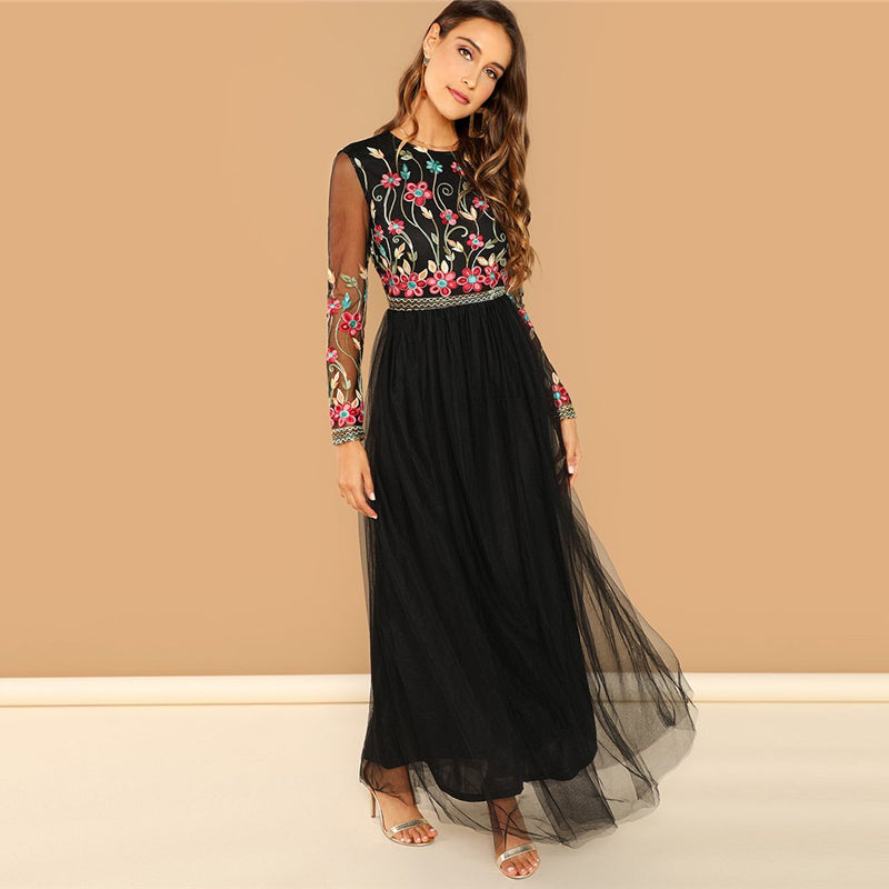 Backless Embroidered Mesh Maxi Dress