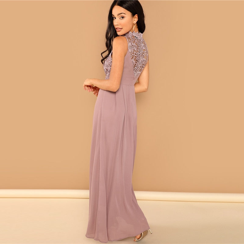 Guipure Lace Overlay Bodice Maxi Dress