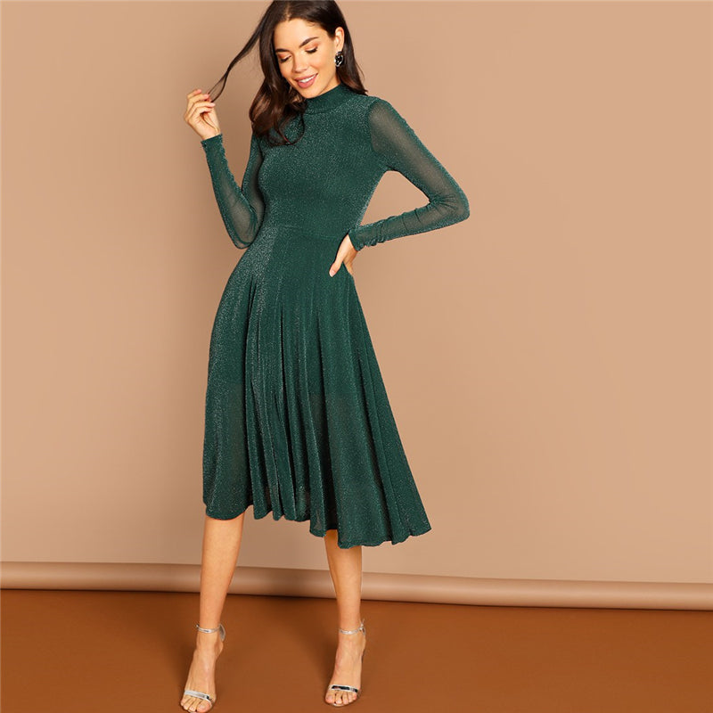 Green Mock Neck Glitter Fit & Flare Dress