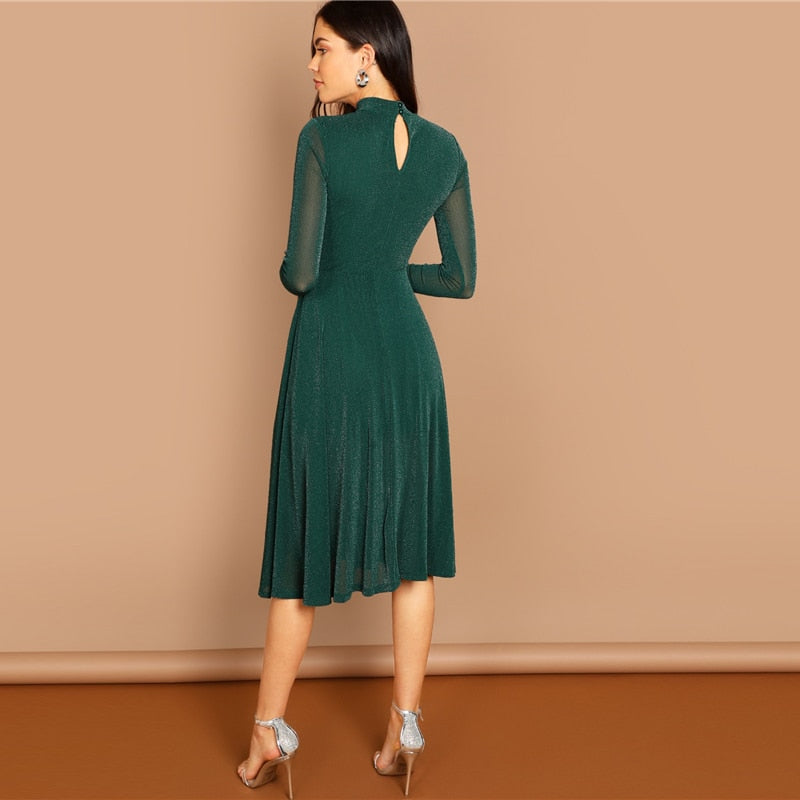 Green Mock Neck Glitter Fit & Flare Dress