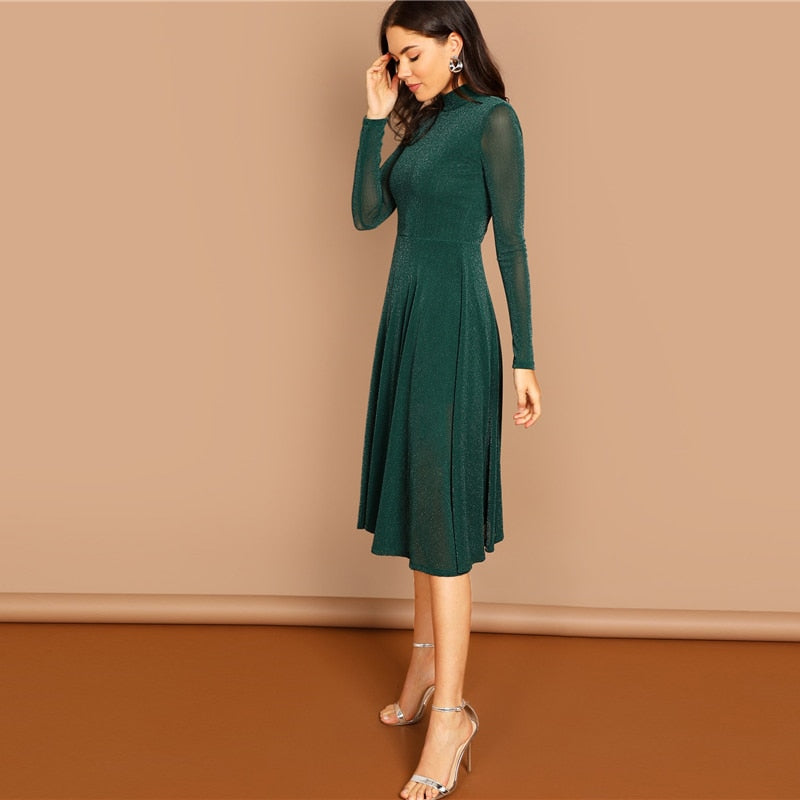 Green Mock Neck Glitter Fit & Flare Dress