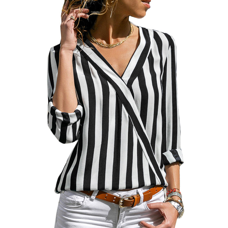 Striped Print V-Neck Blouse