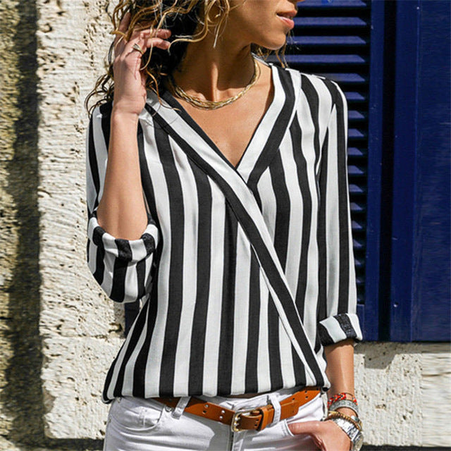 Striped Print V-Neck Blouse