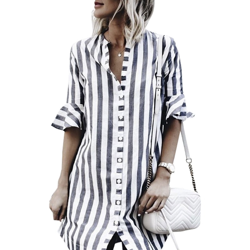 Striped Button Half Sleeve Long Shirt