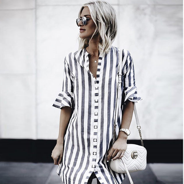 Striped Button Half Sleeve Long Shirt