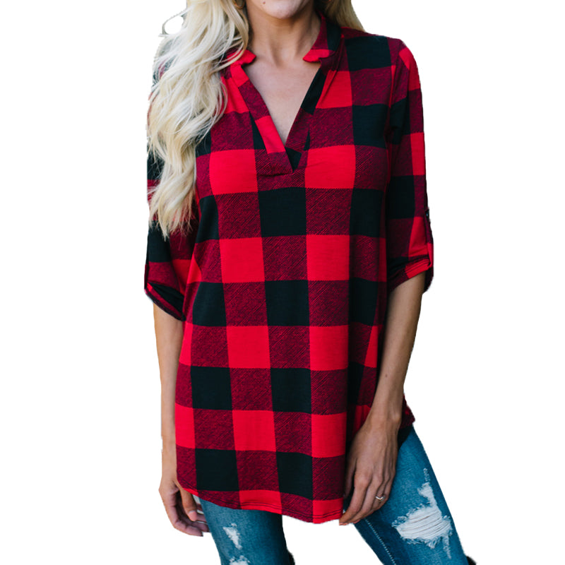 Plaid Shirt V Neck Tunic Top