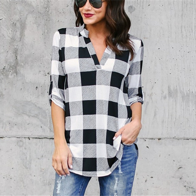 Plaid Shirt V Neck Tunic Top