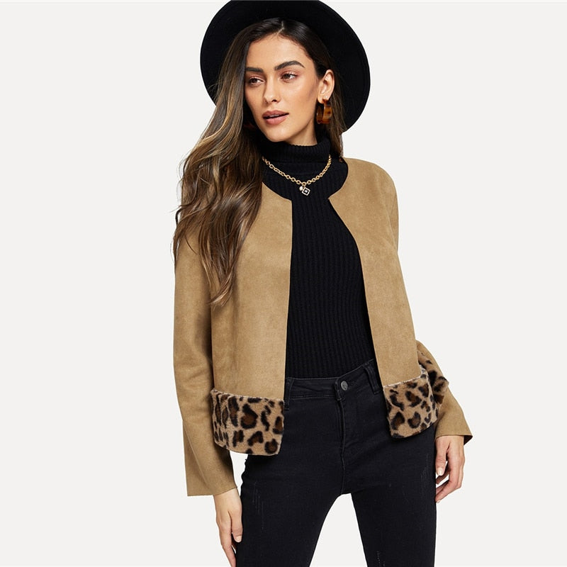 Khaki Contrast Leopard Coat