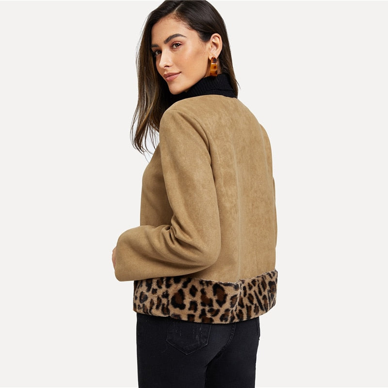 Khaki Contrast Leopard Coat