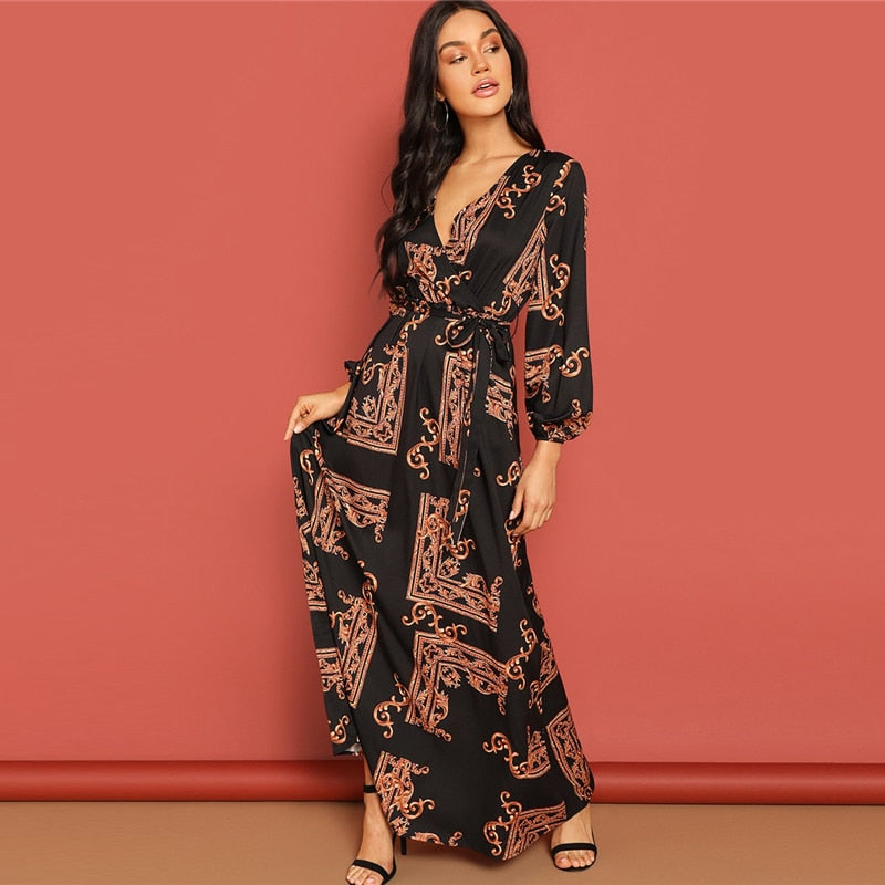 Scarf Print Belted Maxi Wrap Dress