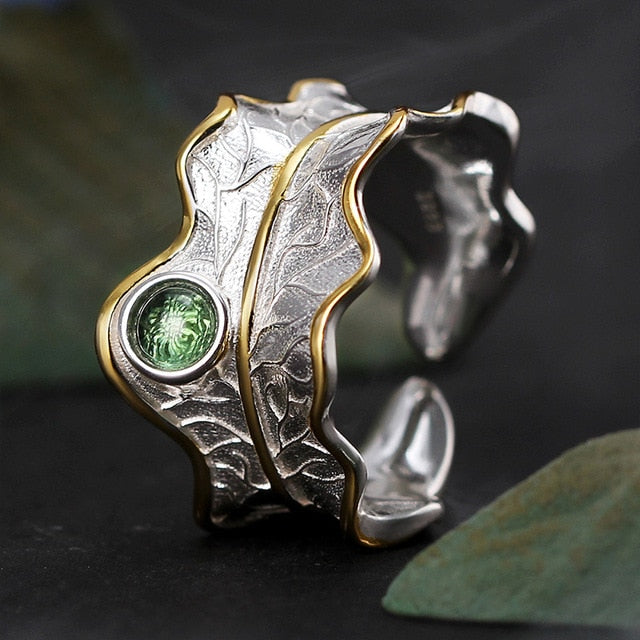 Natural Tourmaline Peony Leaf Ring